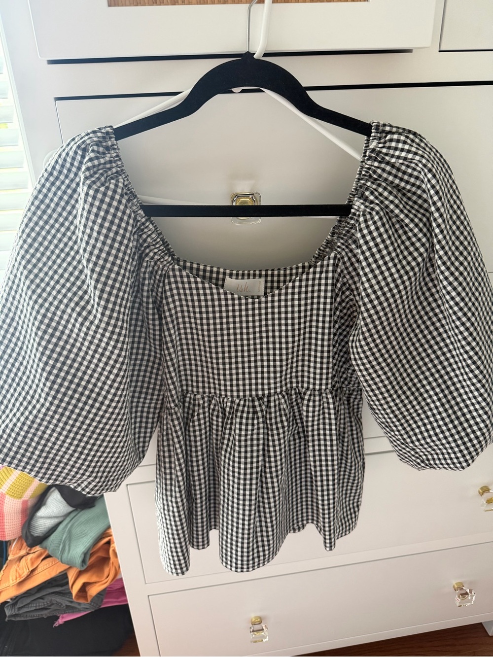 ISH Black & White Gingham Puff-Sleeve Peplum Blouse